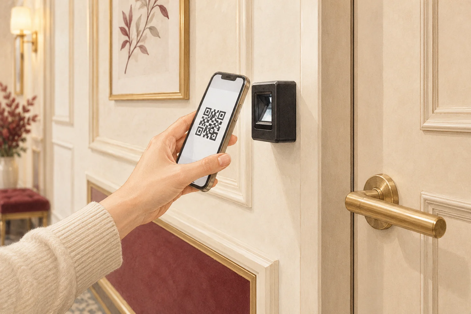 スマートフォンに入室用QRコードを表示するイメージ