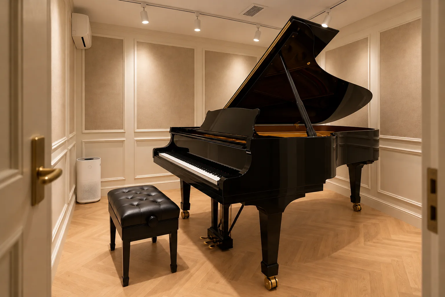 ベージュと白を基調にしたスタインウェイ・アンド・サンズ(Steinway & Sons)ルームのAI完成イメージ